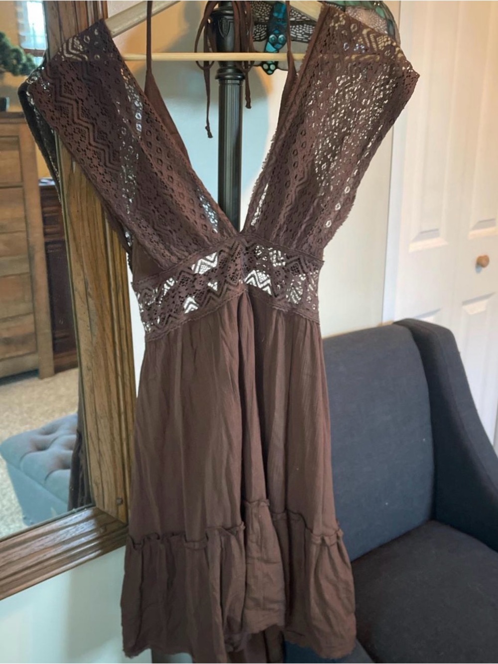 Brown Lace-Trim V-Neck summer Dress